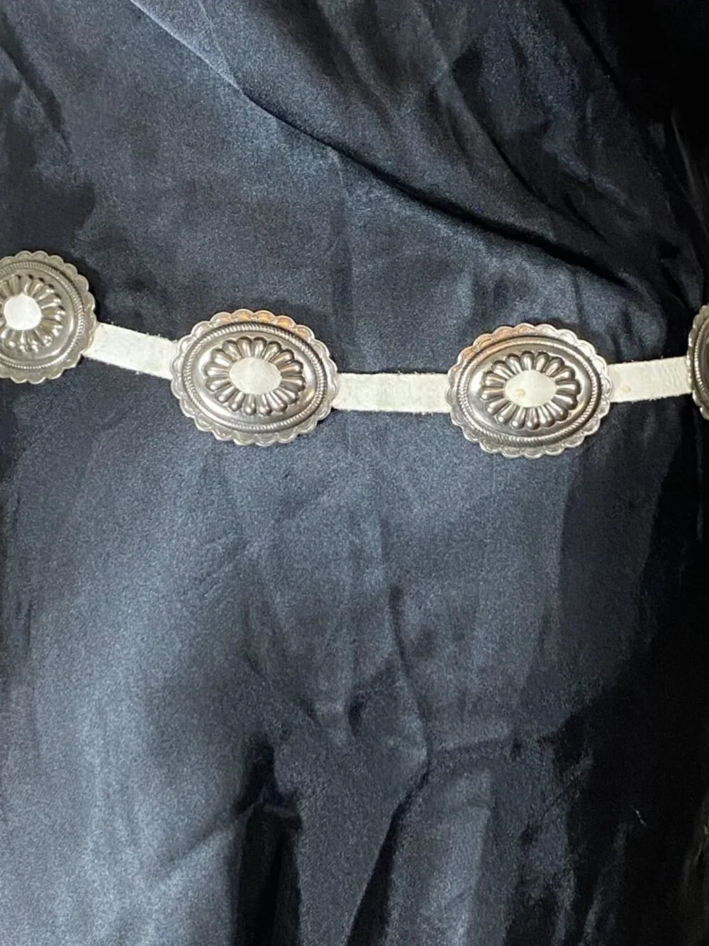 VTG Western White Leather Concho Belt Silver Tone Turquoise Cowgirl Boho 27.5-41